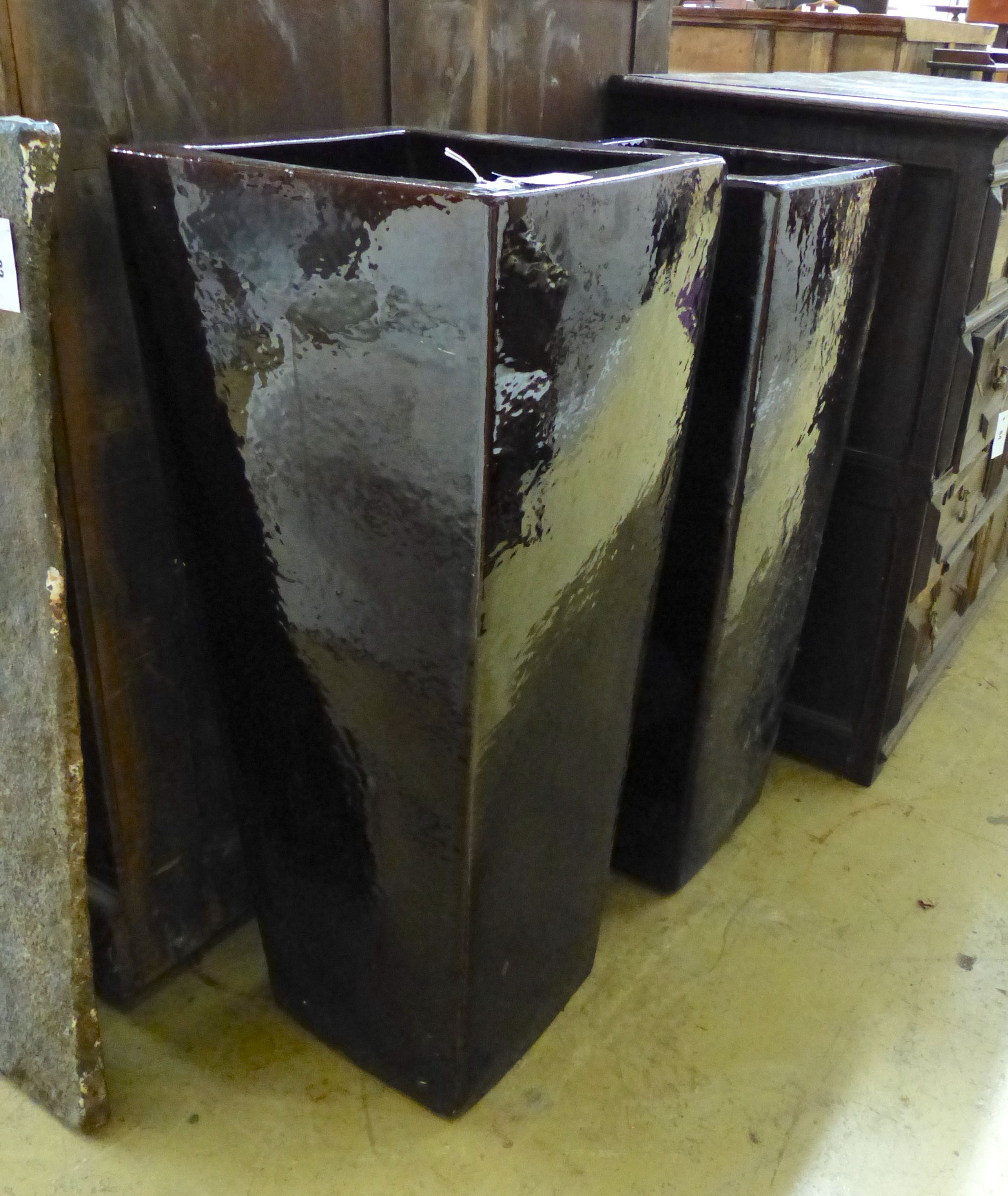 A pair of large brown glazed pottery garden planters, height 91cm